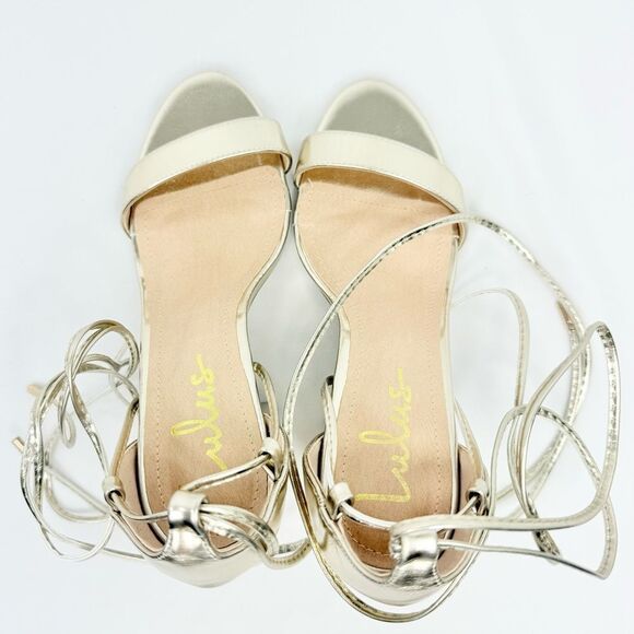 Lulus KAIRA Metallic Gold Open Toe Cord Wrap Ankle Tie Block Heel Sandals - Picture 9 of 16